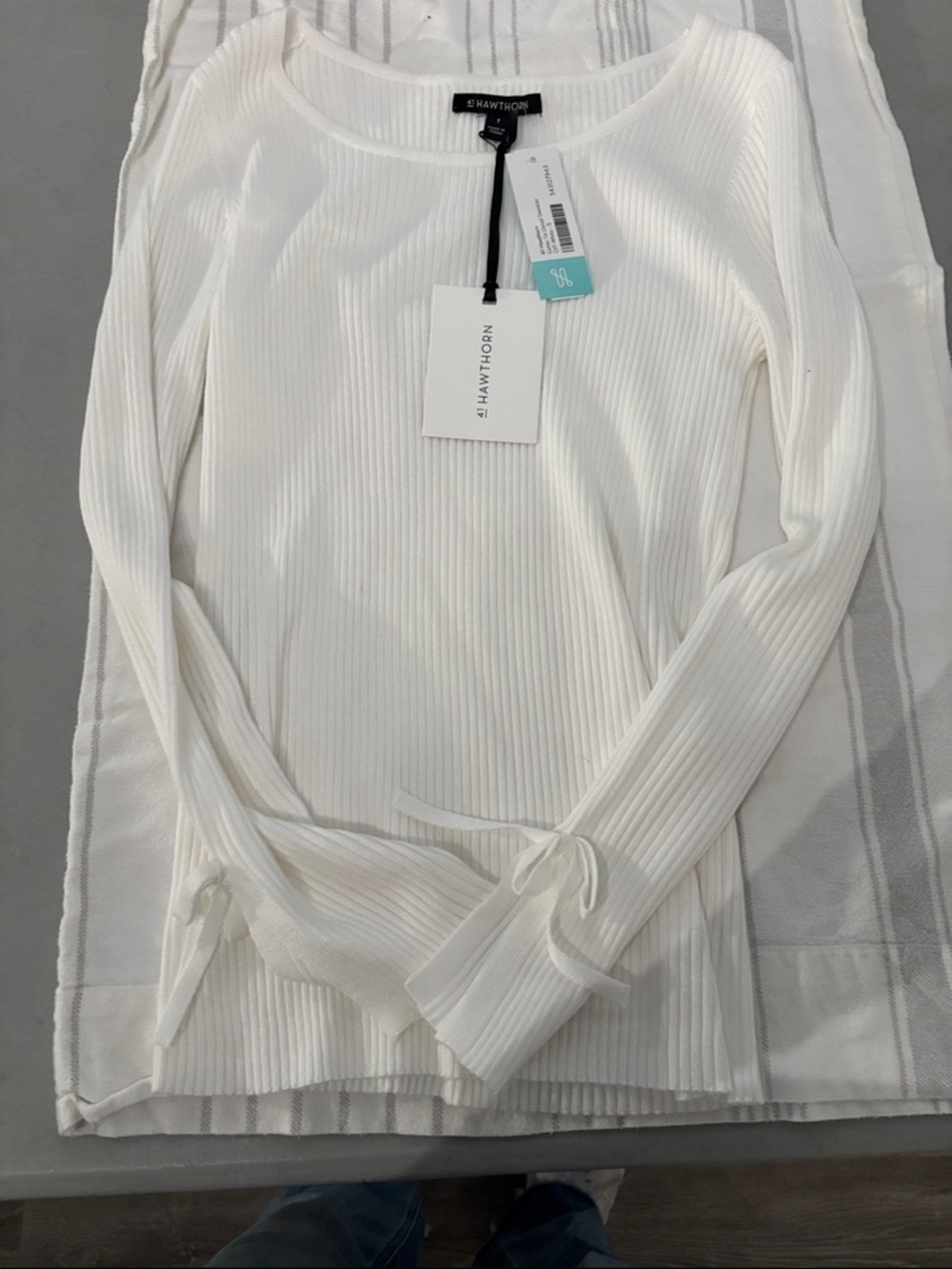 41 Hawthorn White Ribbed Long-Sleeve Top with Tie Cuffs (shown in picture)